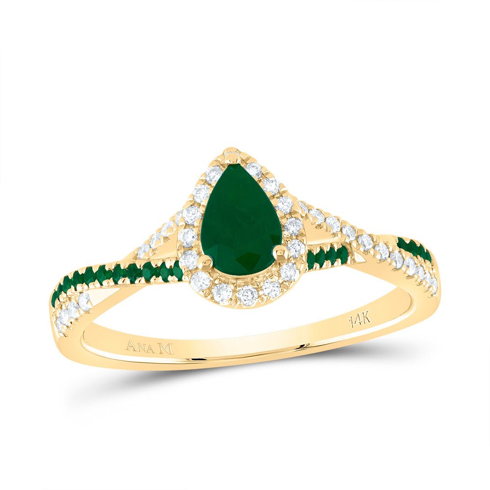 14K Yellow Gold Diamond Emerald Gemstone Single Halo Bridal Ring 1/8 Cttw - Splendid Jewellery