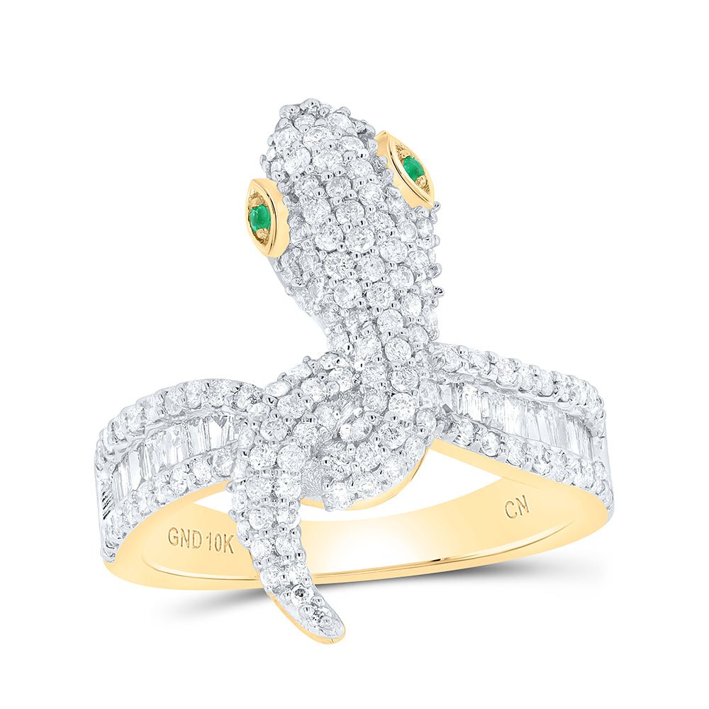 14K Yellow Gold Diamond Emerald Gemstone Snake Women's Ring 1 Cttw - Splendid Jewellery