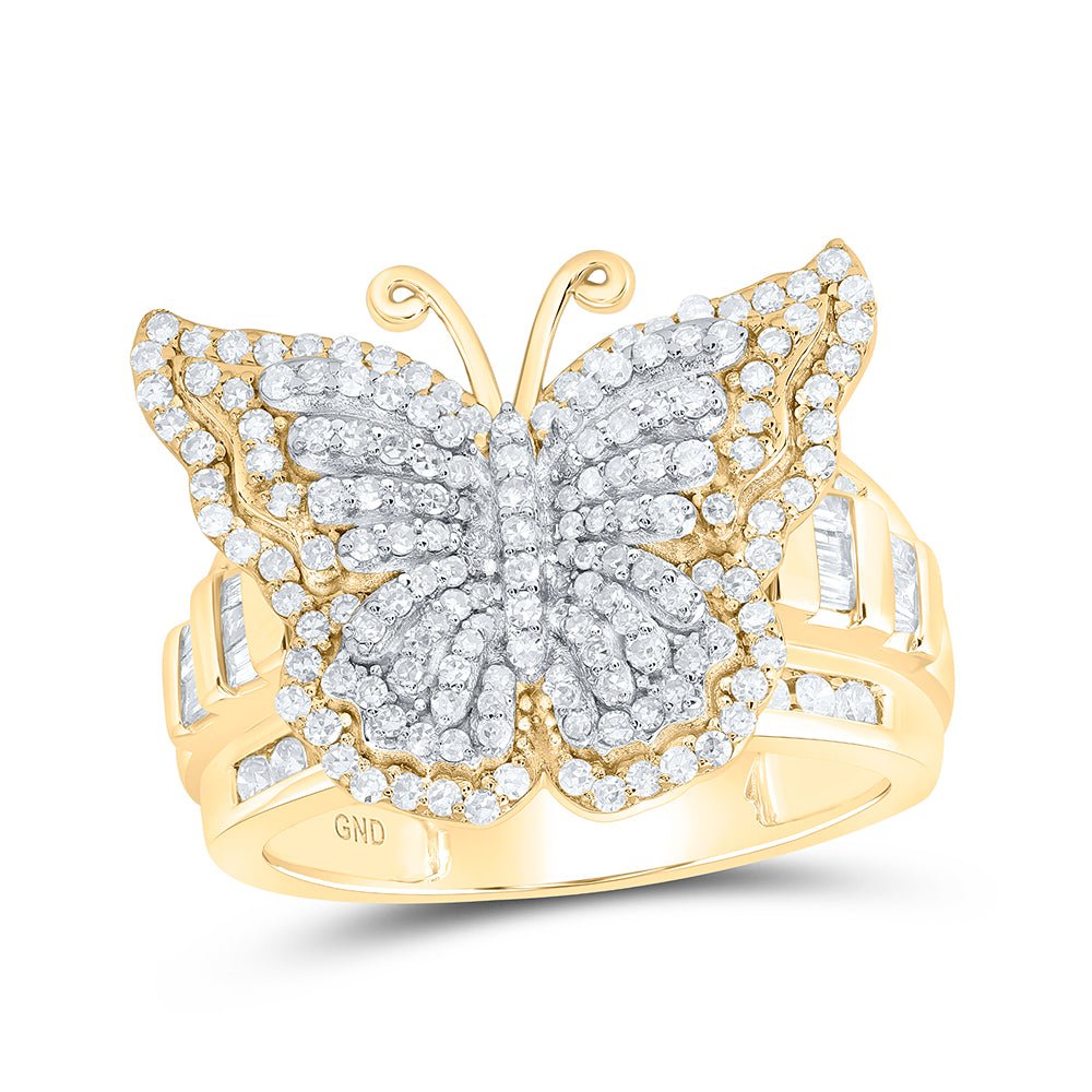 14K Yellow Gold Diamond Fashion Butterfly Ring 1 1/4 Cttw - Splendid Jewellery