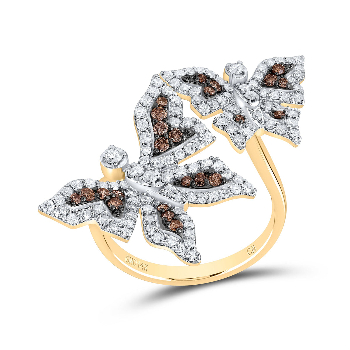 14K Yellow Gold Diamond Fashion Butterfly Ring 1 Cttw - Splendid Jewellery