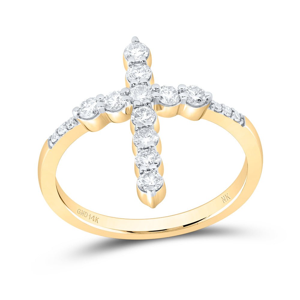 14K Yellow Gold Diamond Fashion Cross Ring 5/8 Cttw - Splendid Jewellery