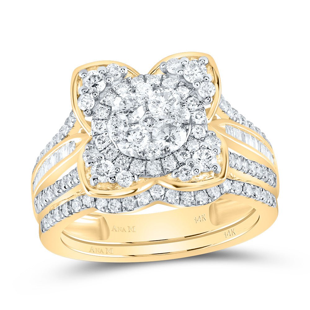14K Yellow Gold Diamond Fashion Flower Bridal Set 1 1/3 Cttw - Splendid Jewellery