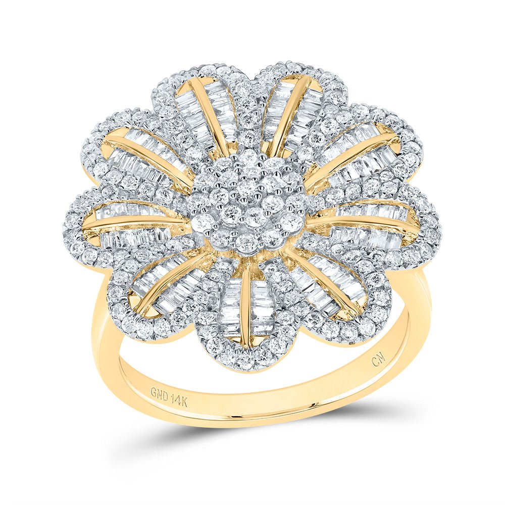 14K Yellow Gold Diamond Fashion Flower Ring 1 Cttw - Splendid Jewellery