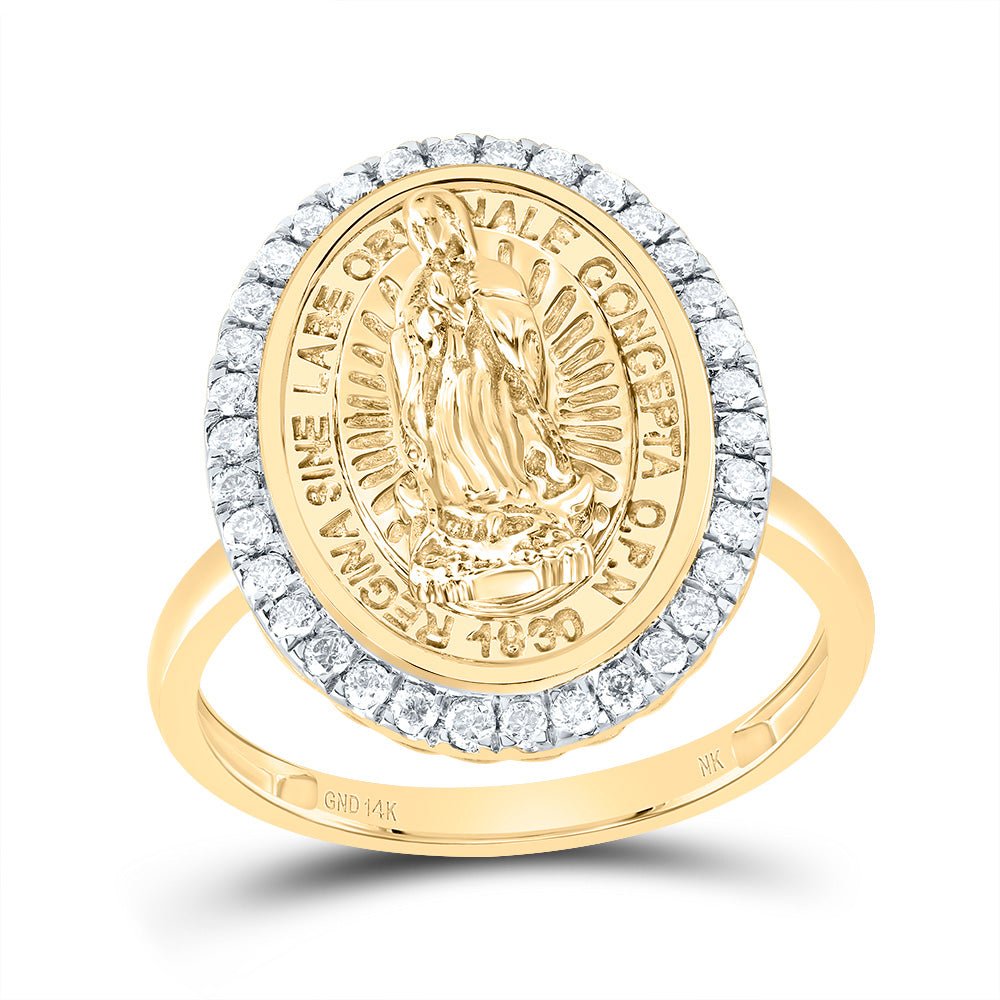 14K Yellow Gold Diamond Fashion Virgin Mother Mary Oval Women's Ring 1/3 Cttw - Splendid Jewellery
