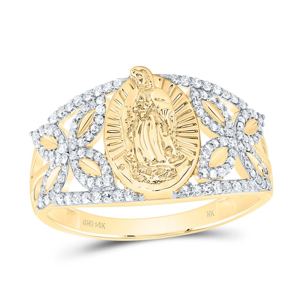 14K Yellow Gold Diamond Fashion Virgin Mother Mary Oval Women's Ring 1/3 Cttw - Splendid Jewellery