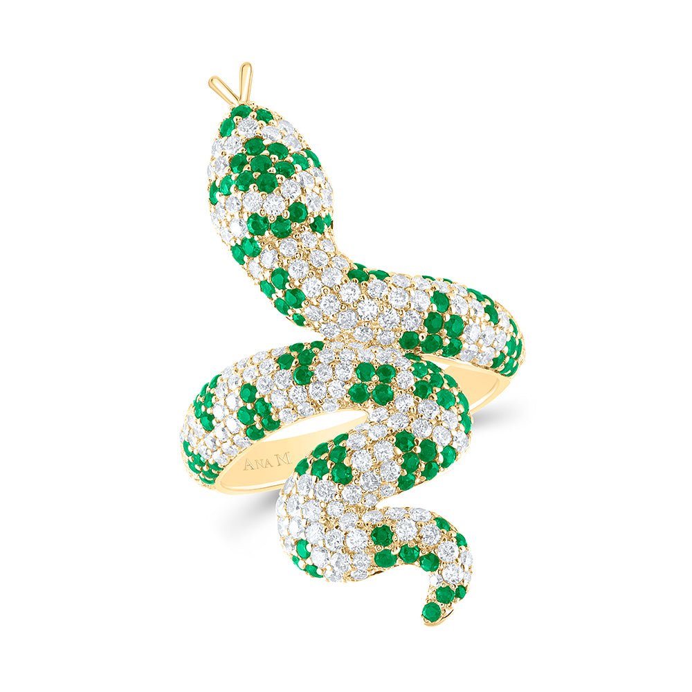 14K Yellow Gold Diamond Gemstone Snake Ring 1 1/3 Cttw - Splendid Jewellery