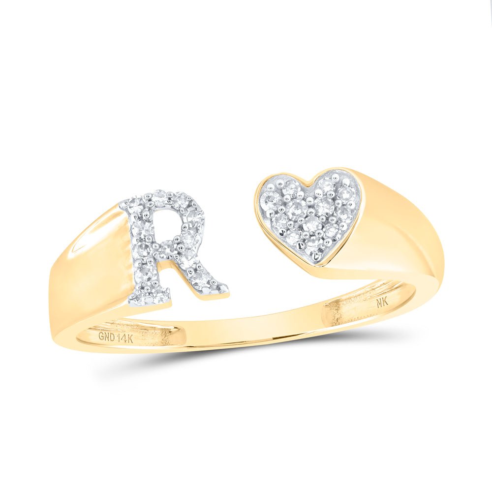 14K Yellow Gold Diamond Gift Initial "R" Women's Heart Ring 1/8 Cttw - Splendid Jewellery