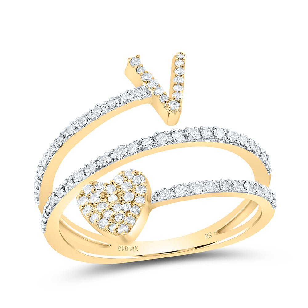 14K Yellow Gold Diamond Gift Initial "V" Heart Women's Ring 3/8 Cttw - Splendid Jewellery