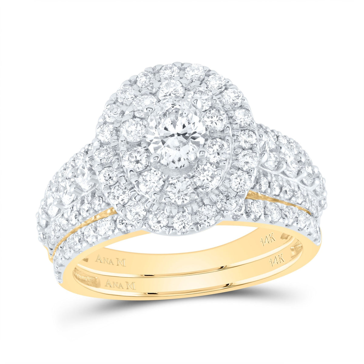 14K Yellow Gold Diamond Oval Double Halo Bridal Set 2 Cttw - Splendid Jewellery