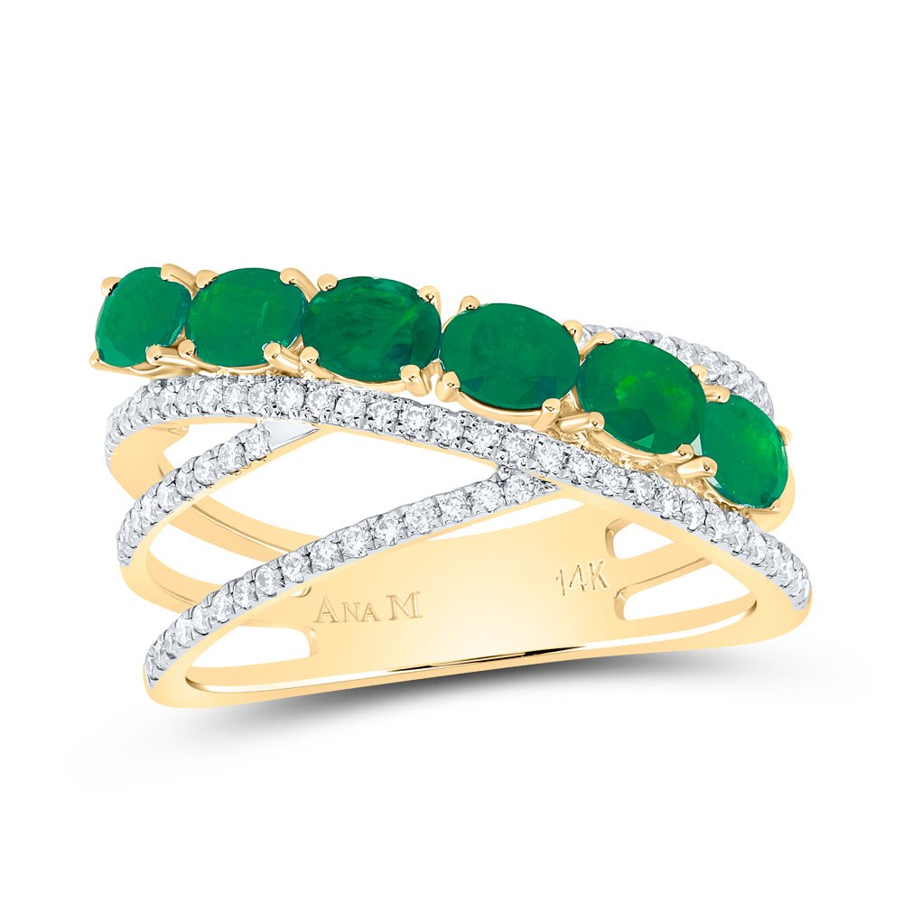 14K Yellow Gold Diamond Oval Emerald Gemstone Designer Ring 1/4 Cttw - Splendid Jewellery