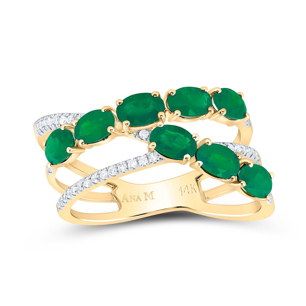14K Yellow Gold Diamond Oval Emerald Gemstone Designer Ring 1/6 Cttw - Splendid Jewellery