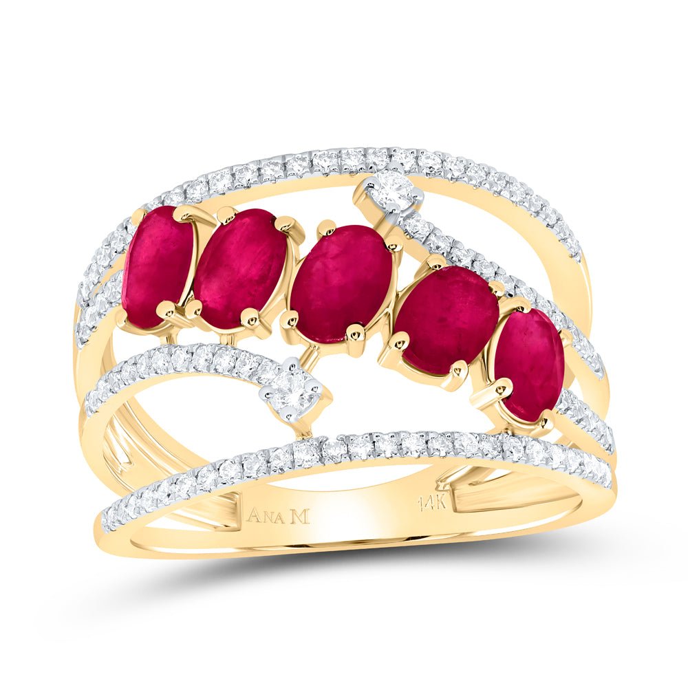 14K Yellow Gold Diamond Oval Ruby Gemstone Designer Ring 1/3 Cttw - Splendid Jewellery