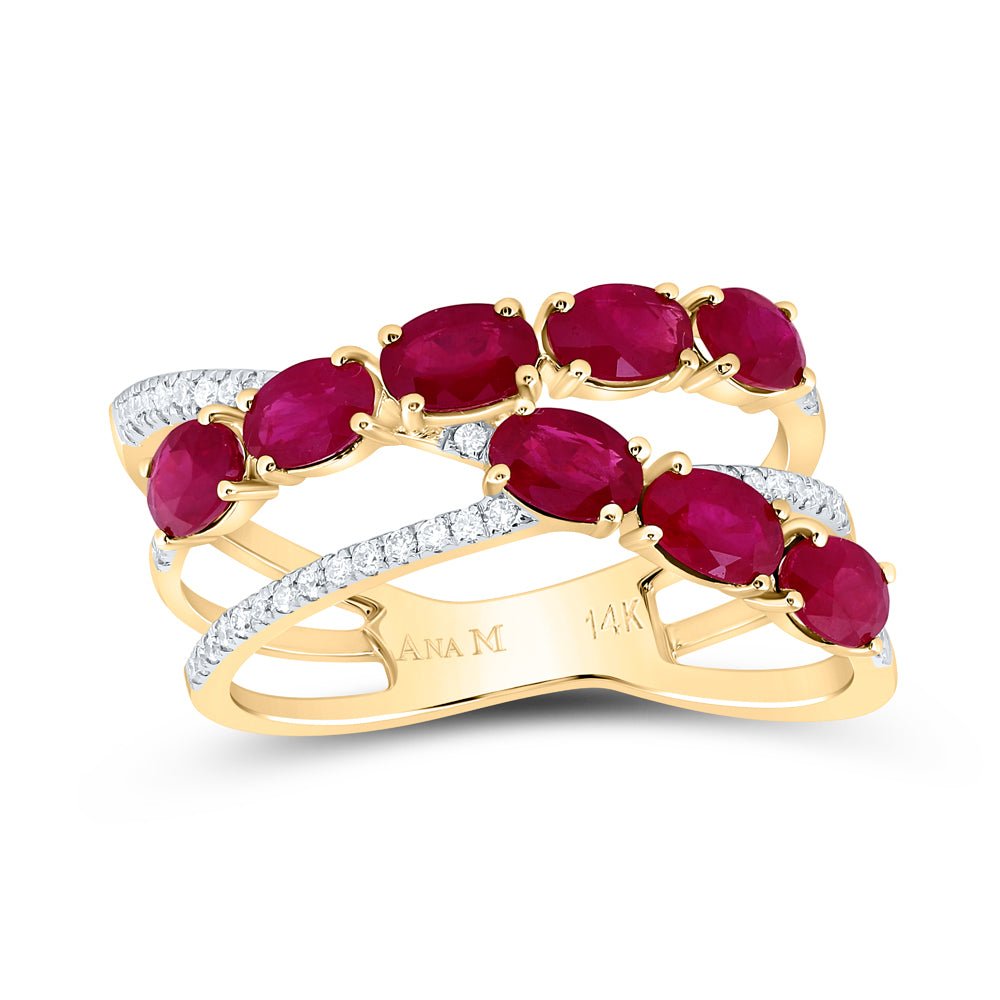 14K Yellow Gold Diamond Oval Ruby Gemstone Designer Ring 1/6 Cttw - Splendid Jewellery