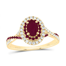 Load image into Gallery viewer, 14K Yellow Gold Diamond Oval Ruby Gemstone Double Halo Bridal Ring 1/5 Cttw - Splendid Jewellery