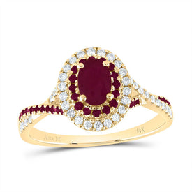 14K Yellow Gold Diamond Oval Ruby Gemstone Double Halo Bridal Ring 1/5 Cttw - Splendid Jewellery