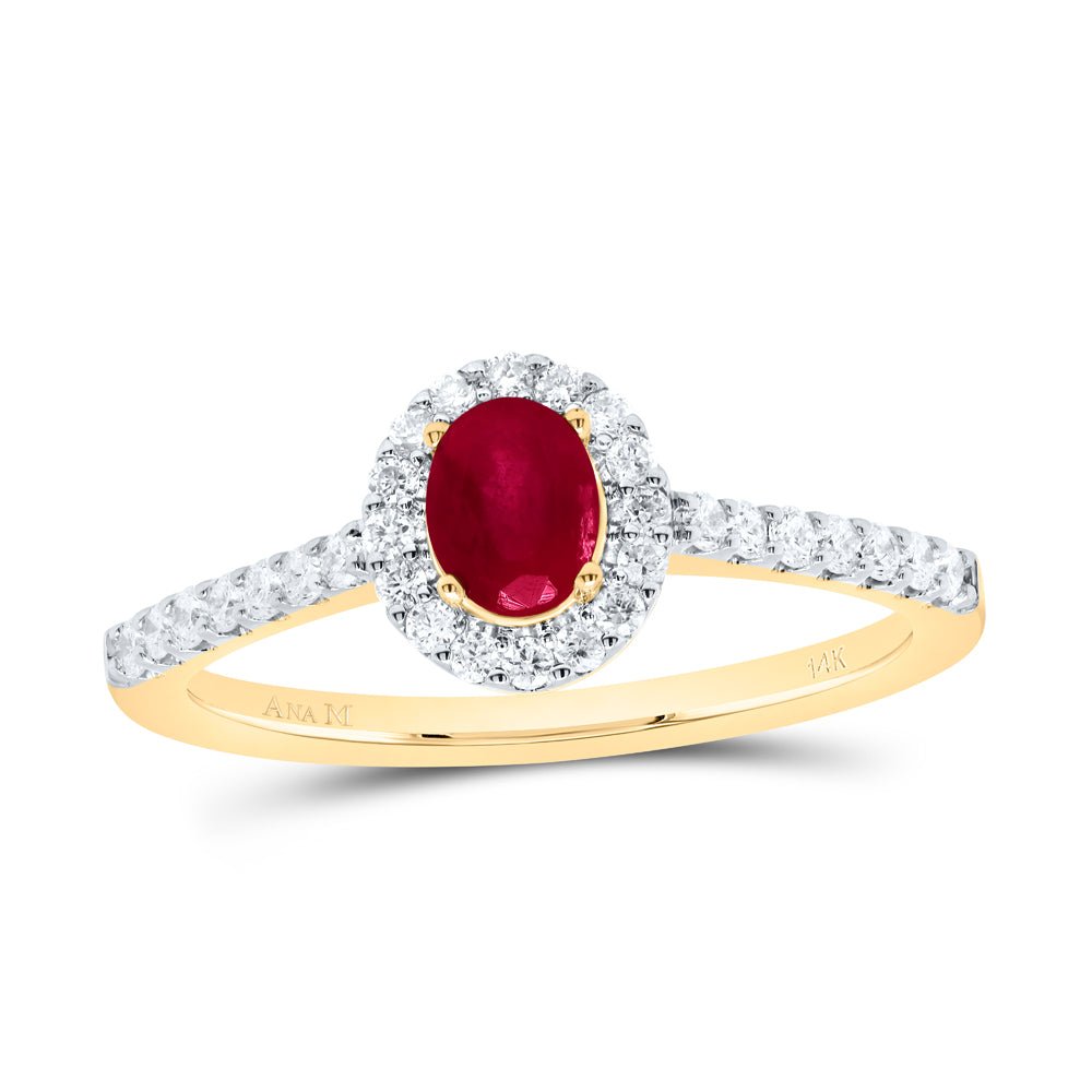 14K Yellow Gold Diamond Oval Ruby Gemstone Oval Ring 1/3 Cttw - Splendid Jewellery