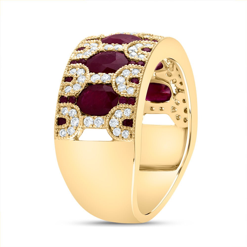 14K Yellow Gold Diamond Oval Ruby Gemstone Ring 1/3 Cttw - Splendid Jewellery