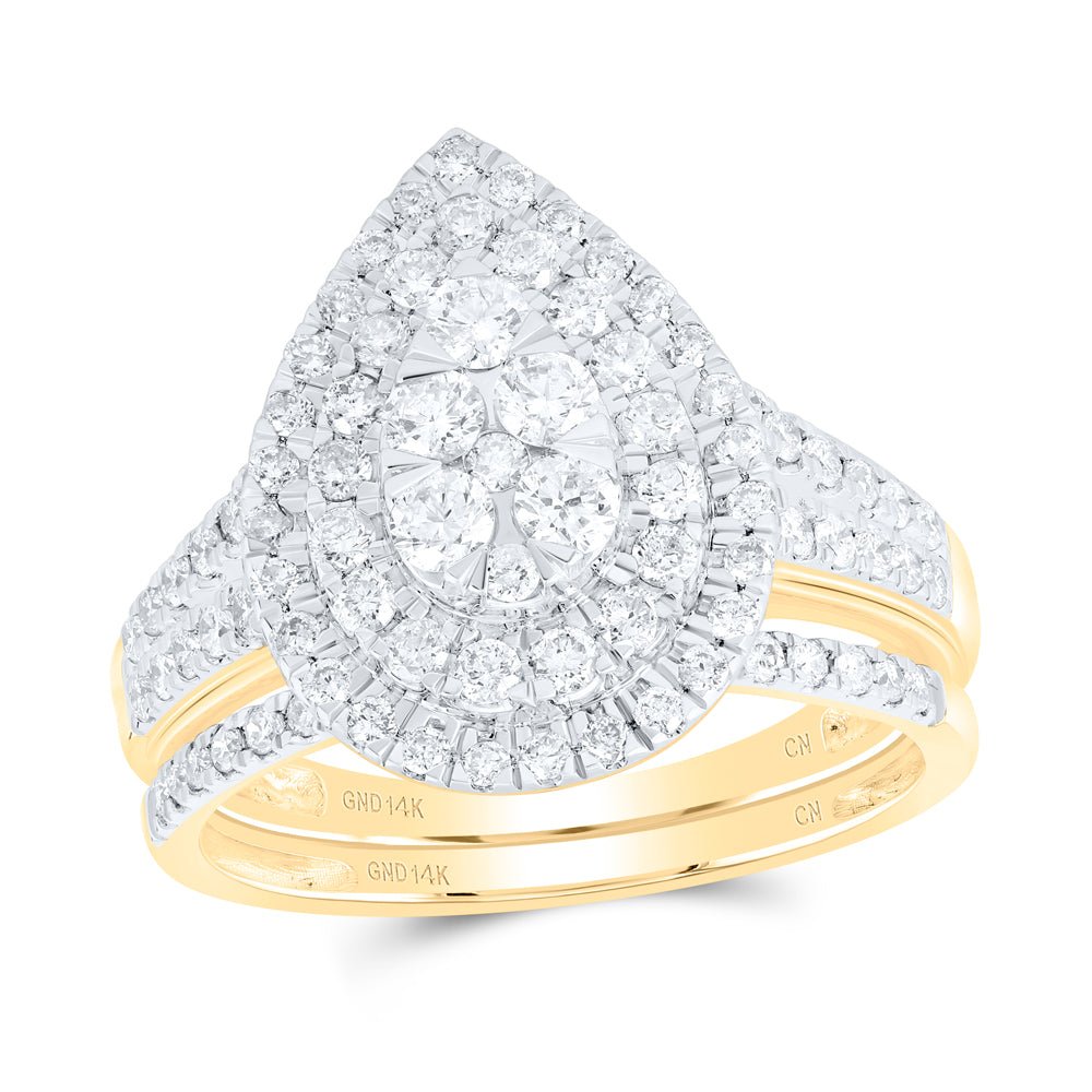 14K Yellow Gold Diamond Pear Double Halo Bridal Set 1 Cttw - Splendid Jewellery