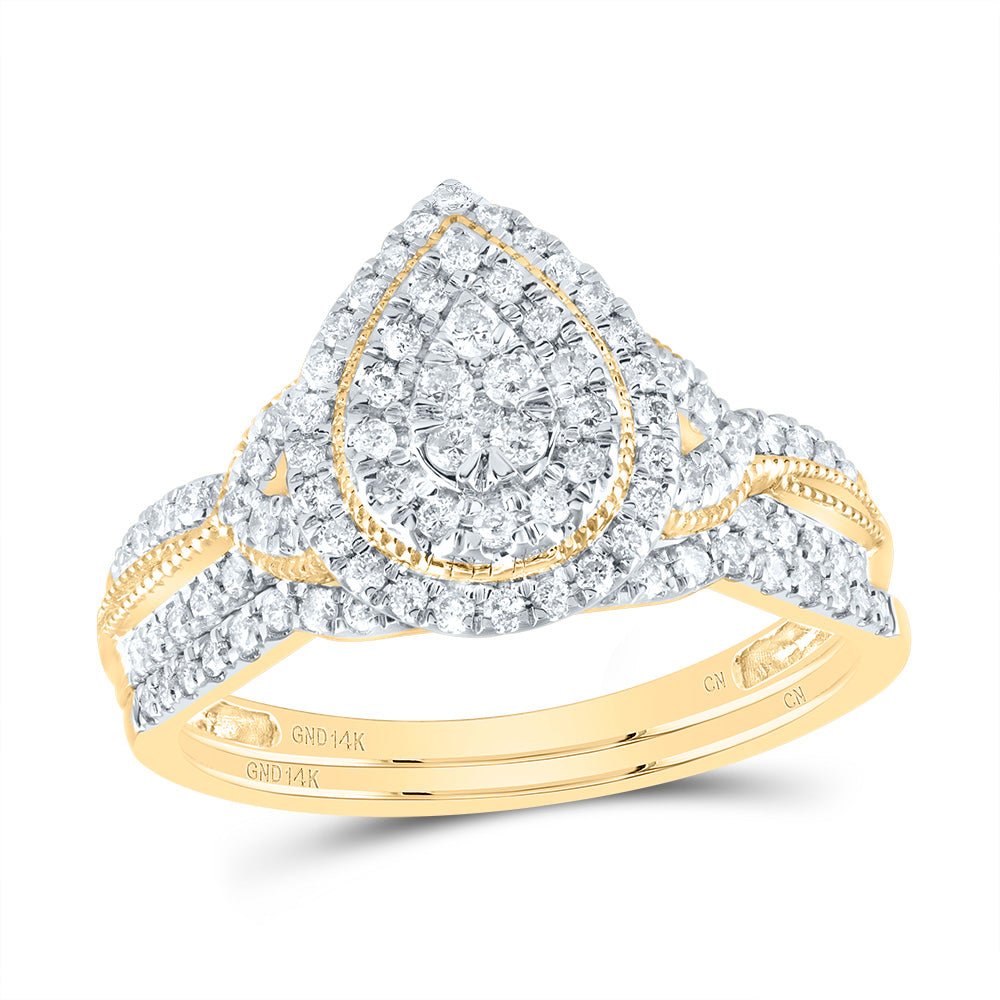 14K Yellow Gold Diamond Pear Double Halo Bridal Set 1/2 Cttw - Splendid Jewellery