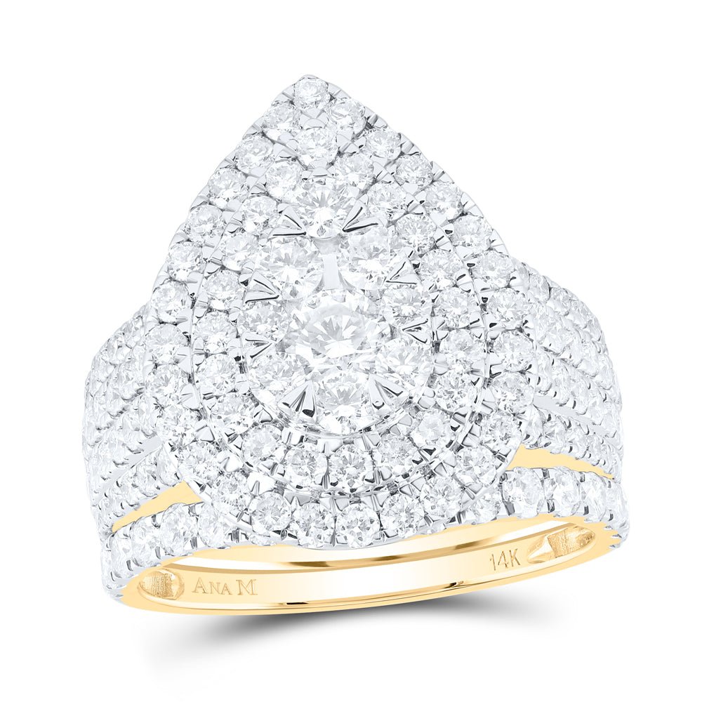14K Yellow Gold Diamond Pear Double Halo Bridal Set 3 Cttw - Splendid Jewellery