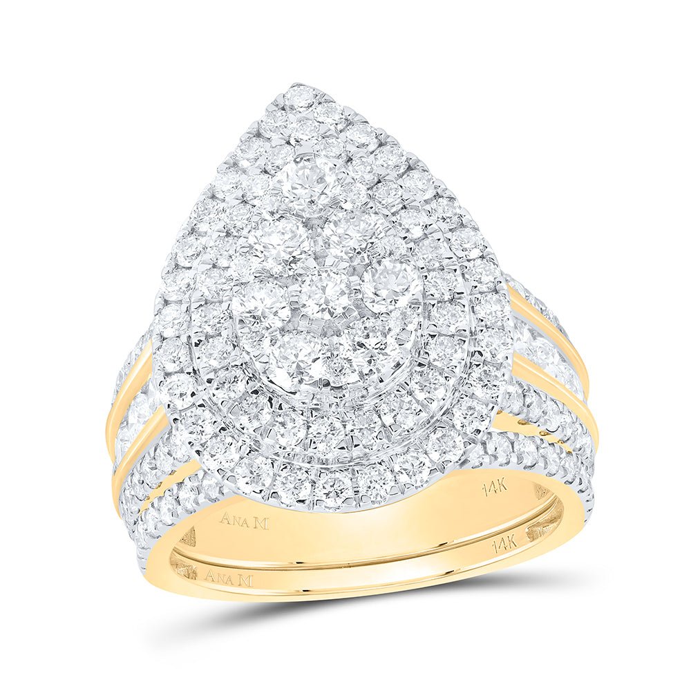 14K Yellow Gold Diamond Pear Double Halo Bridal Set 3 Cttw - Splendid Jewellery