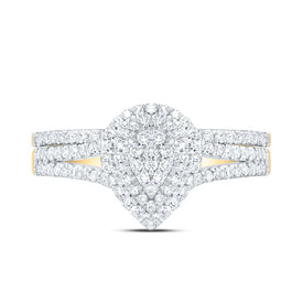 14K Yellow Gold Diamond Pear Double Halo Bridal Set 3/8 Cttw - Splendid Jewellery