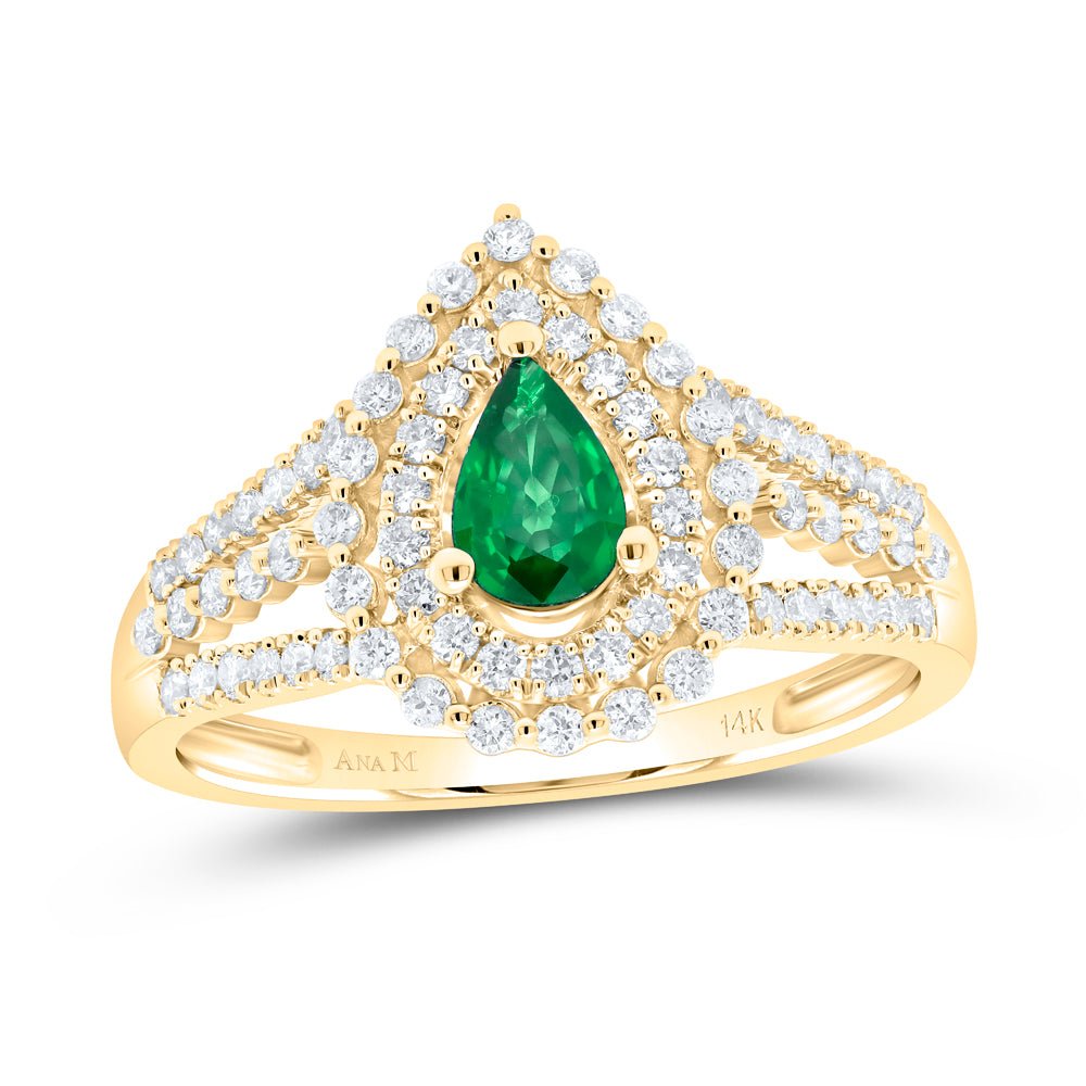 14K Yellow Gold Diamond Pear Emerald Gemstone Ring 1/2 Cttw - Splendid Jewellery