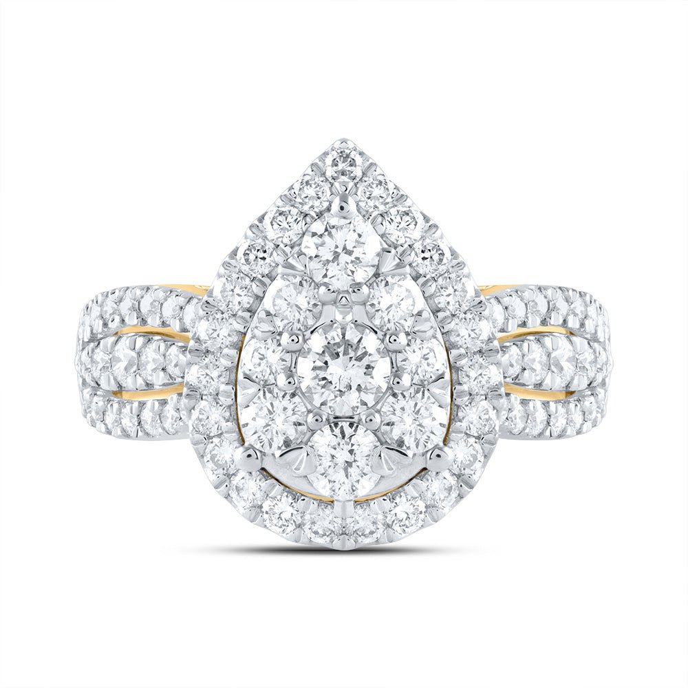14K Yellow Gold Diamond Pear Single Halo Bridal Ring 1 1/2 Cttw - Splendid Jewellery