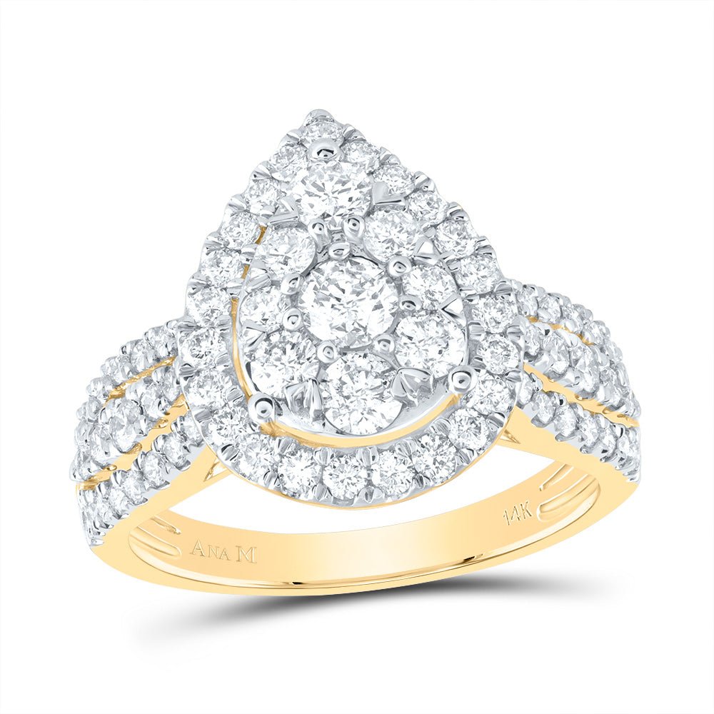 14K Yellow Gold Diamond Pear Single Halo Bridal Ring 1 1/2 Cttw - Splendid Jewellery