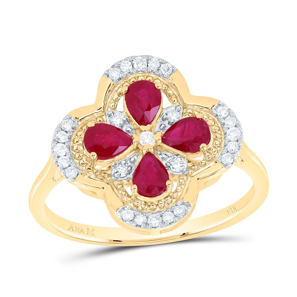 14K Yellow Gold Diamond Ruby Gemstone Clover Ring 1/6 Cttw - Splendid Jewellery