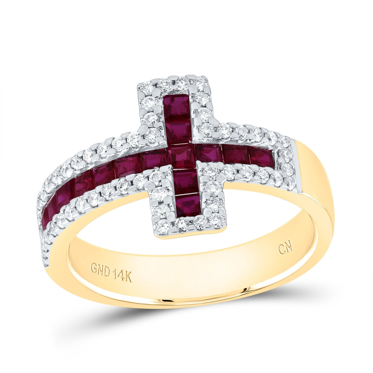 14K Yellow Gold Diamond Ruby Gemstone Cross Ring 1/3 Cttw - Splendid Jewellery