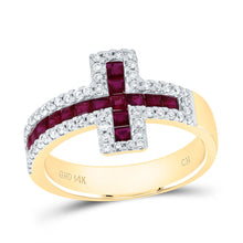 Load image into Gallery viewer, 14K Yellow Gold Diamond Ruby Gemstone Cross Ring 1/3 Cttw - Splendid Jewellery
