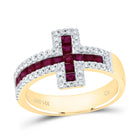 14K Yellow Gold Diamond Ruby Gemstone Cross Ring 1/3 Cttw - Splendid Jewellery