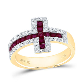14K Yellow Gold Diamond Ruby Gemstone Cross Ring 1/3 Cttw - Splendid Jewellery