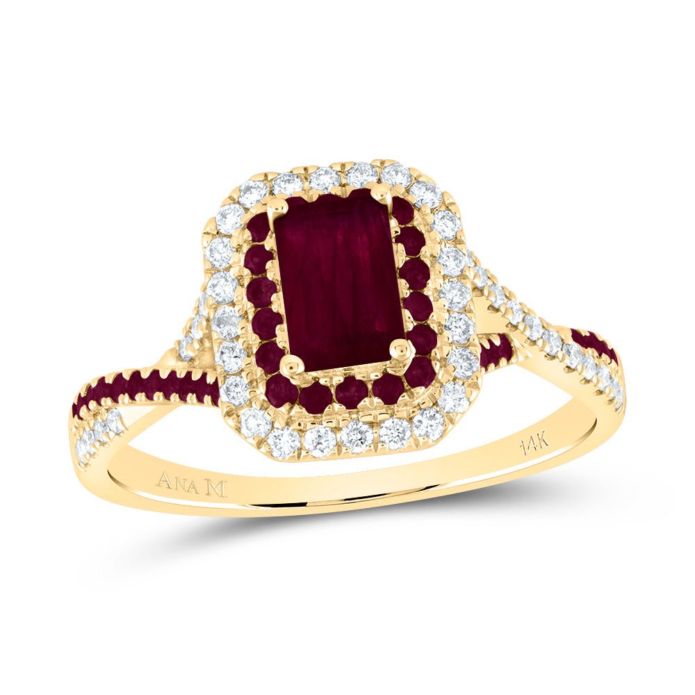 14K Yellow Gold Diamond Ruby Gemstone Double Halo Bridal Ring 1/5 Cttw - Splendid Jewellery