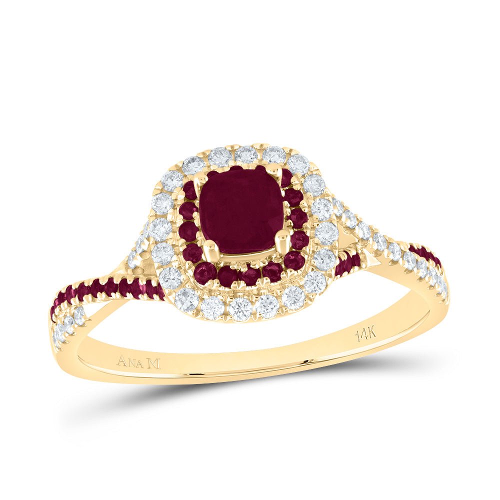 14K Yellow Gold Diamond Ruby Gemstone Double Halo Bridal Ring 1/5 Cttw - Splendid Jewellery