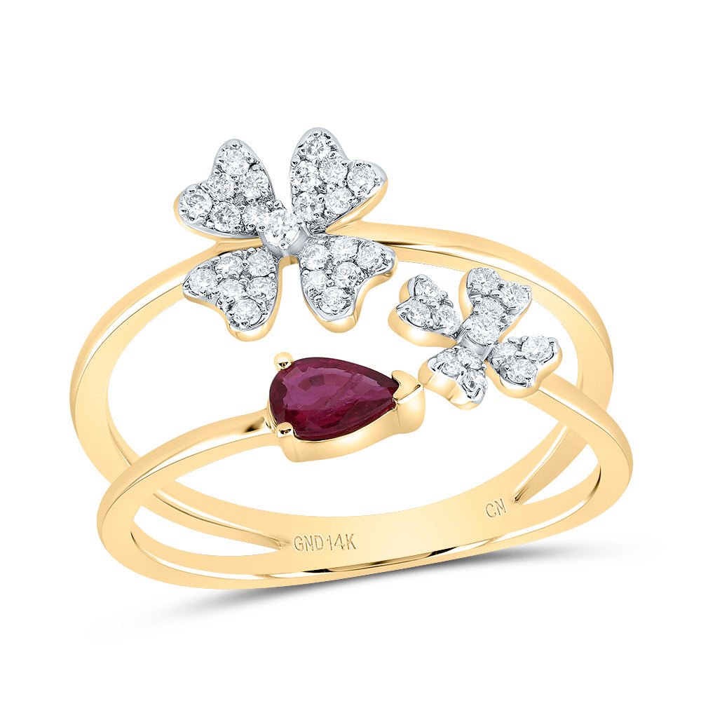 14K Yellow Gold Diamond Ruby Gemstone Fashion Flower Ring 1/5 Cttw - Splendid Jewellery