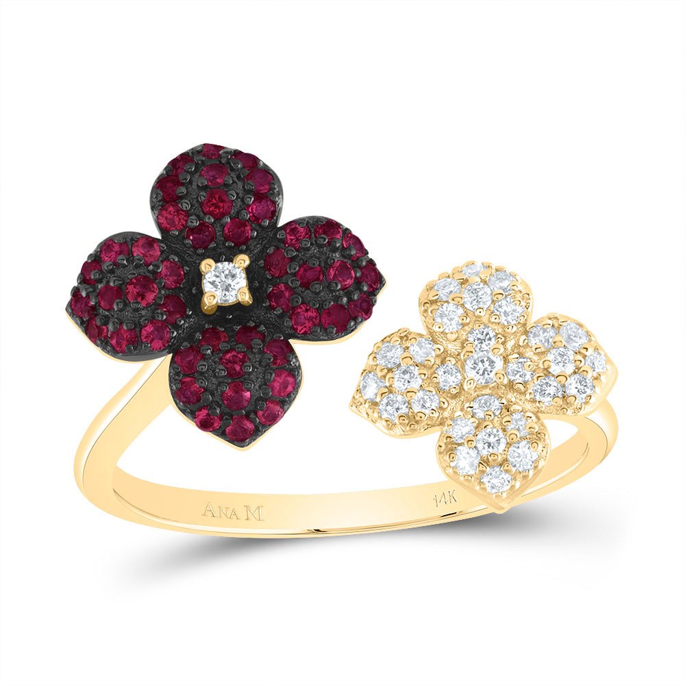 14K Yellow Gold Diamond Ruby Gemstone Flower Ring 1/6 Cttw - Splendid Jewellery