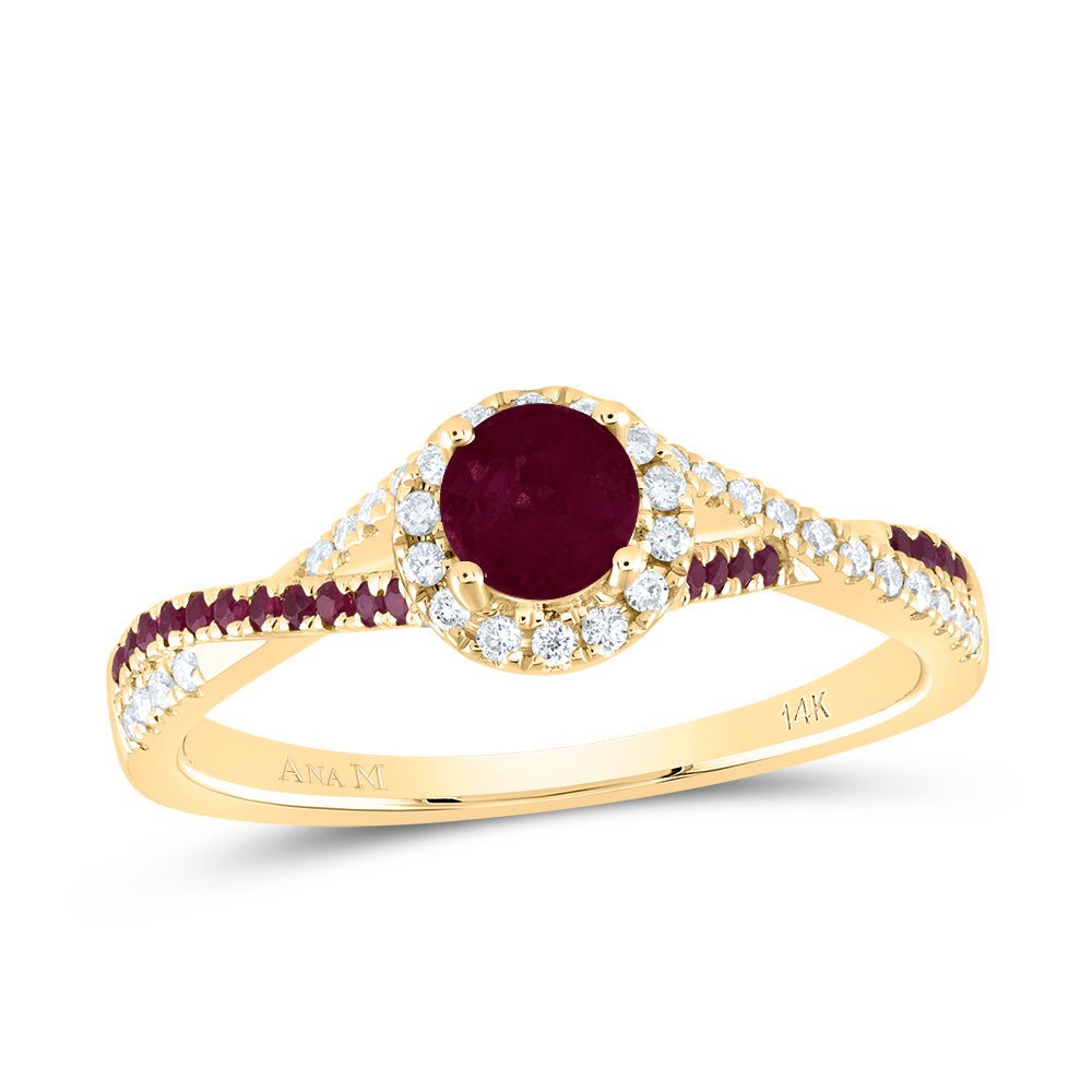 14K Yellow Gold Diamond Ruby Gemstone Single Halo Bridal Ring 1/8 Cttw - Splendid Jewellery