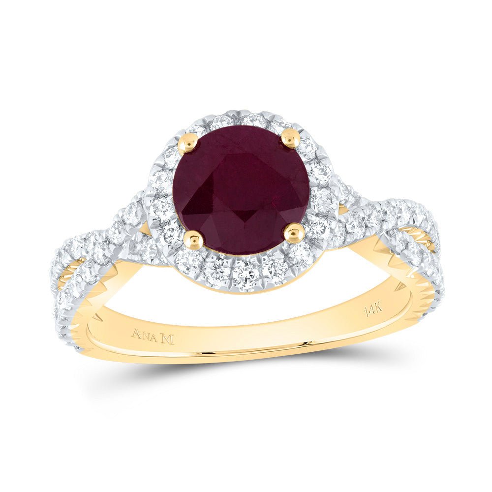 14K Yellow Gold Diamond Ruby Gemstone Single Halo Engagement Ring 3/4 Cttw - Splendid Jewellery