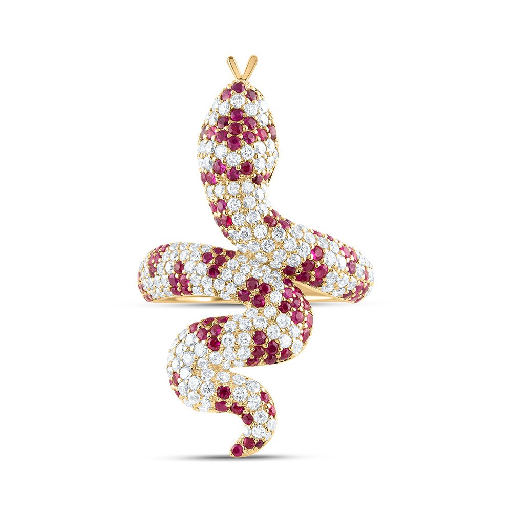 14K Yellow Gold Diamond Ruby Gemstone Snake Ring 1 1/3 Cttw - Splendid Jewellery