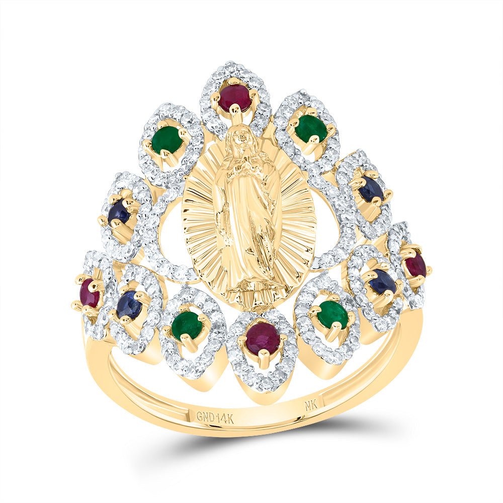 14K Yellow Gold Diamond Ruby,Blue Sapphire and Emerald Gemstone Virgin Mother Mary Ring 1/2 Cttw - Splendid Jewellery