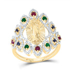 14K Yellow Gold Diamond Ruby,Blue Sapphire and Emerald Gemstone Virgin Mother Mary Ring 1/2 Cttw - Splendid Jewellery