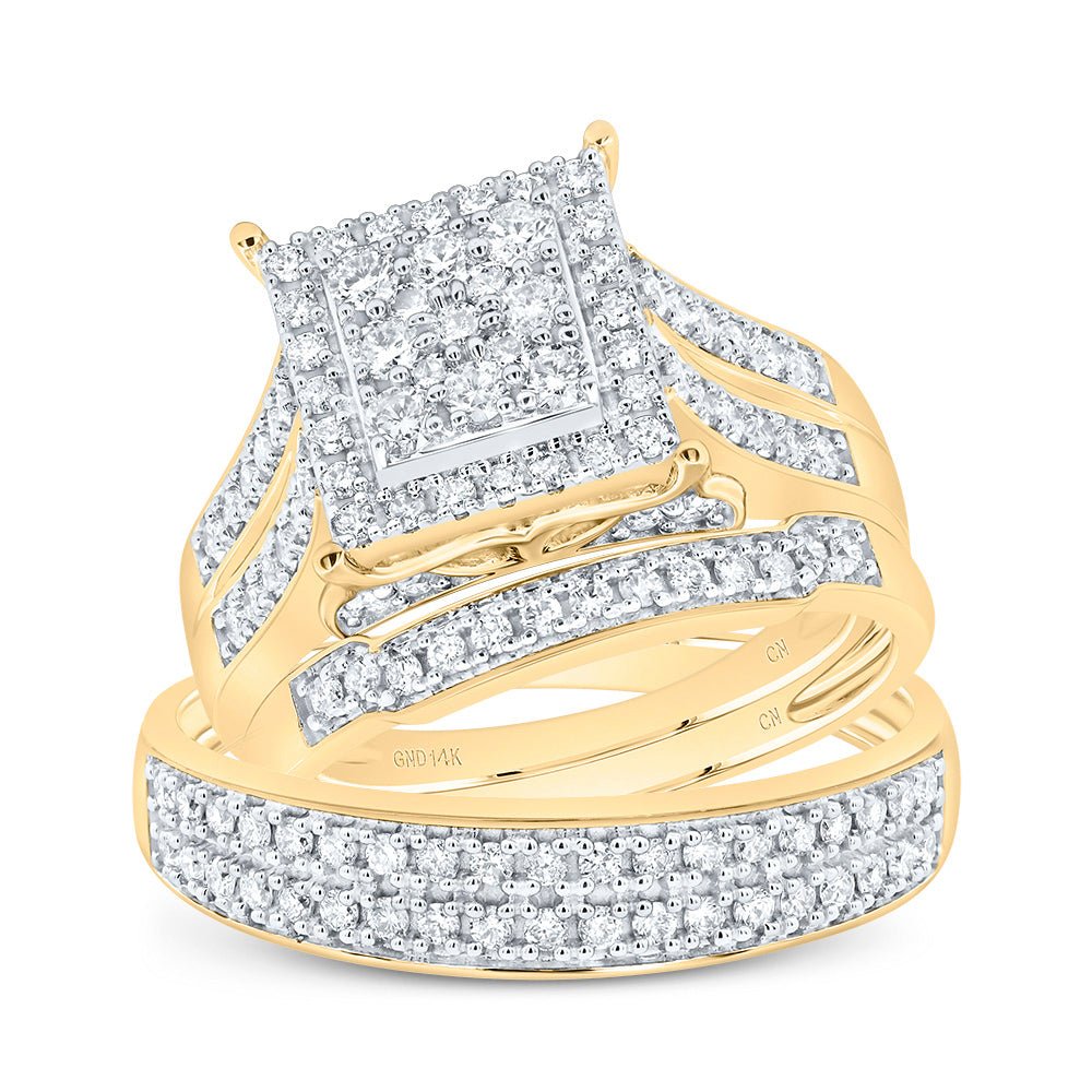 14K Yellow Gold Diamond Square Trio Ring Set 1 1/3 Cttw - Splendid Jewellery