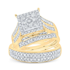 14K Yellow Gold Diamond Square Trio Ring Set 1 1/3 Cttw - Splendid Jewellery