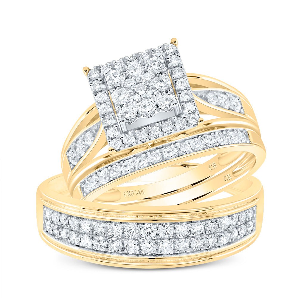 14K Yellow Gold Diamond Square Trio Ring Set 1 Cttw - Splendid Jewellery