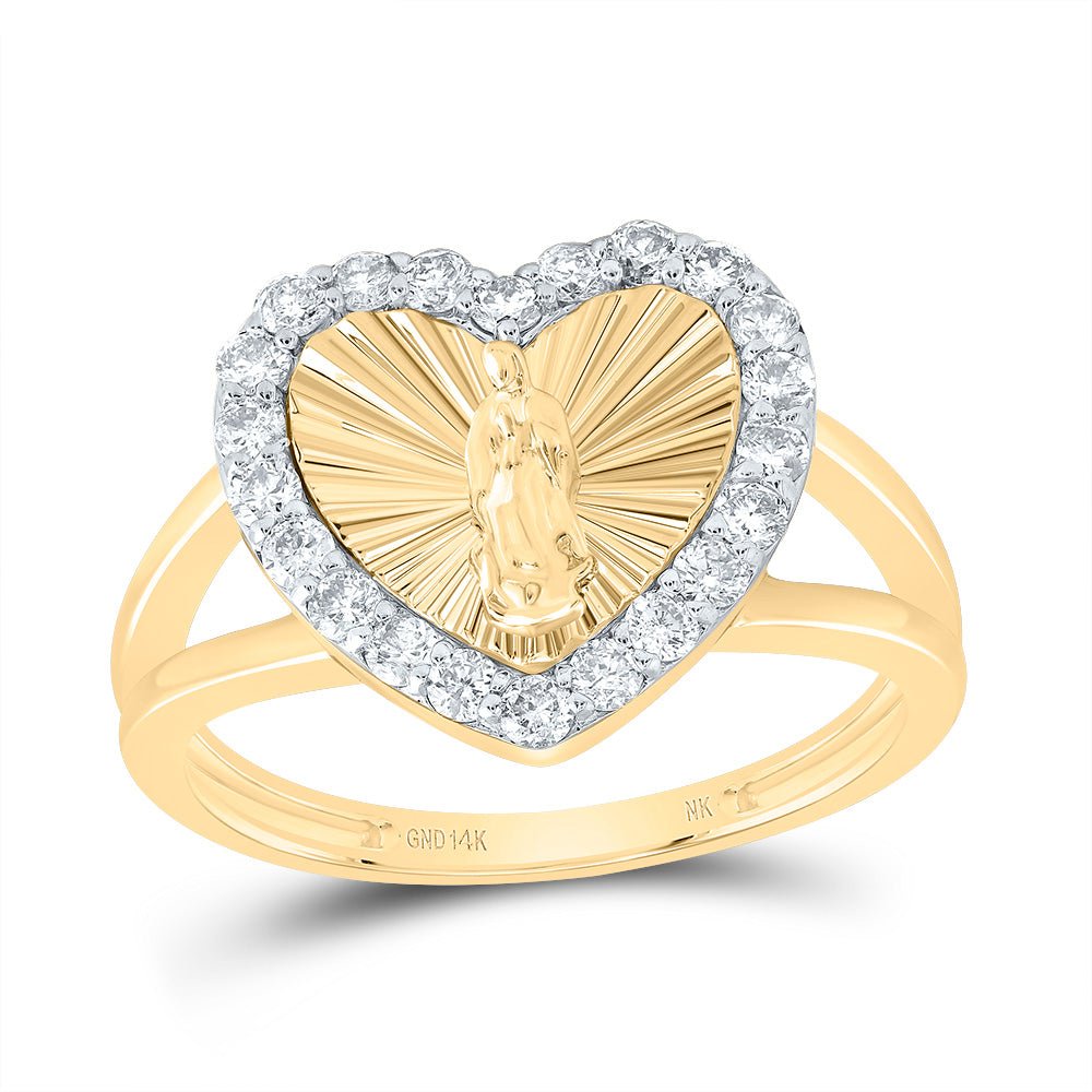 14K Yellow Gold Diamond Virgin Mother Mary Heart Women's Ring 1/2 Cttw - Splendid Jewellery