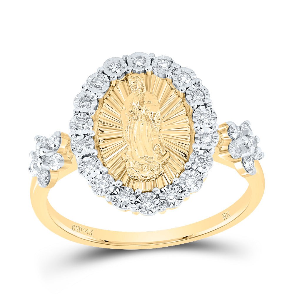 14K Yellow Gold Diamond Virgin Mother Mary Oval Women's Ring 1/4 Cttw - Splendid Jewellery