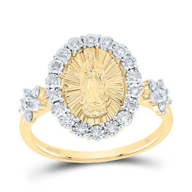 14K Yellow Gold Diamond Virgin Mother Mary Oval Women's Ring 1/4 Cttw - Splendid Jewellery
