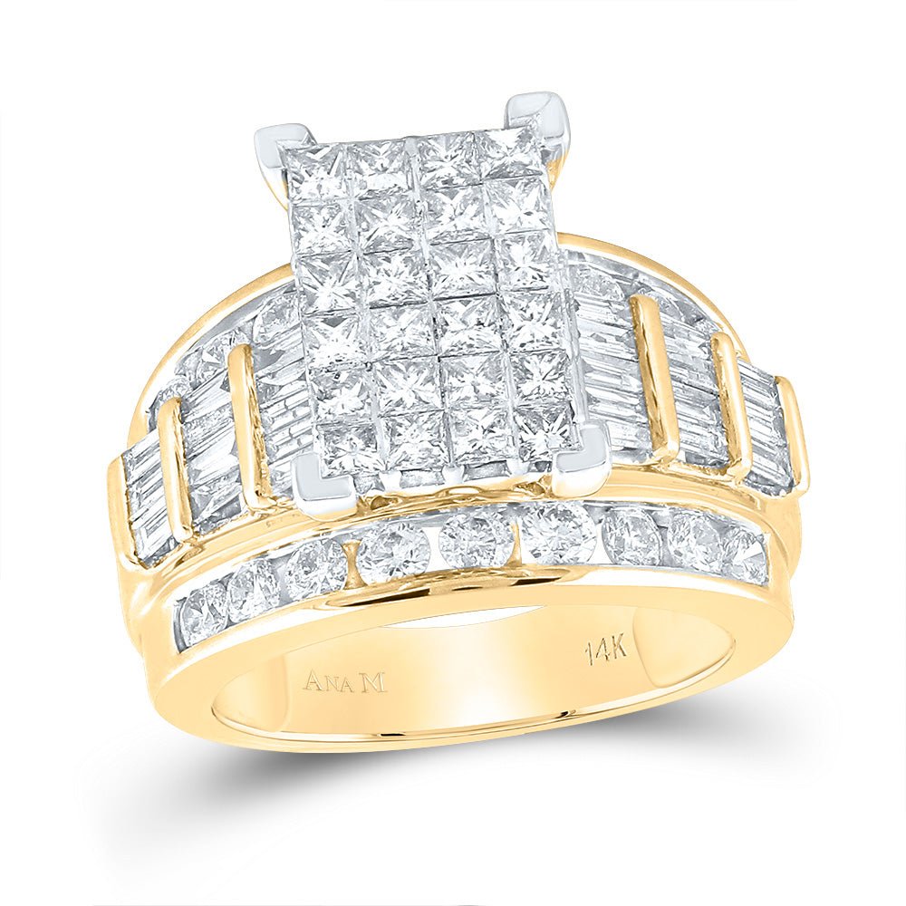 14K Yellow Gold Princess Diamond Cluster Bridal Wedding Engagement Ring 3 Cttw - Splendid Jewellery